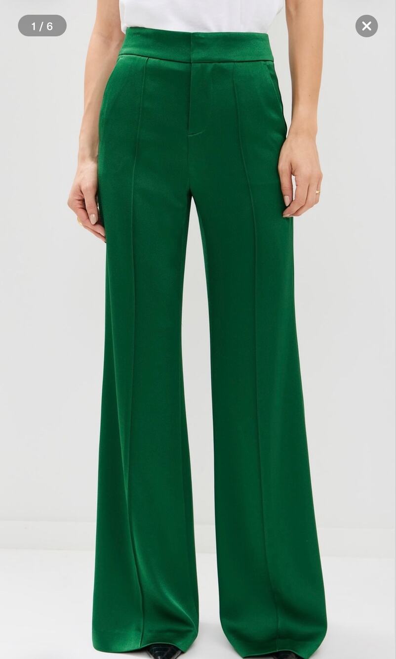 Alice + Olivia Dylan High Rise Wide Leg Pants in Rich Forest Green Satin Finish